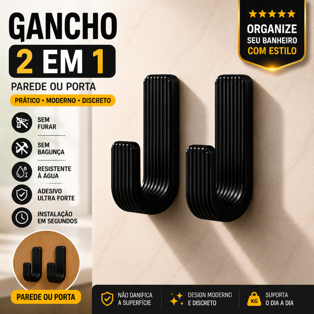 Gancho Adesivo Premium Sem Furos | Banheiro Cozinha Quarto | Minimalista