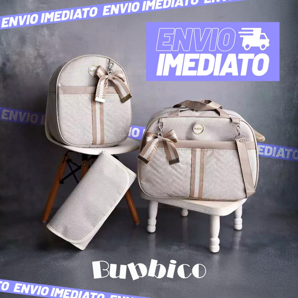 Kit Bolsa Maternidade De Linho com Faixa e Lacinho 3 peças Térmica e Impermeável BUBBICO