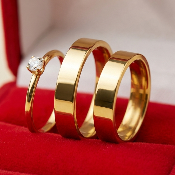 Kit Par de Alianças 4mm Banhado a Ouro 18k + Anel Solitário Casamento Noivado Compromisso