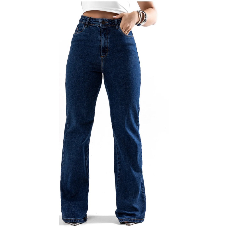 CALÇA CONSCIÊNCIA JEANS WIDE LEG FEMININA CINTURA ALTA BÁSICA COM ELASTANO ESCURA 28000