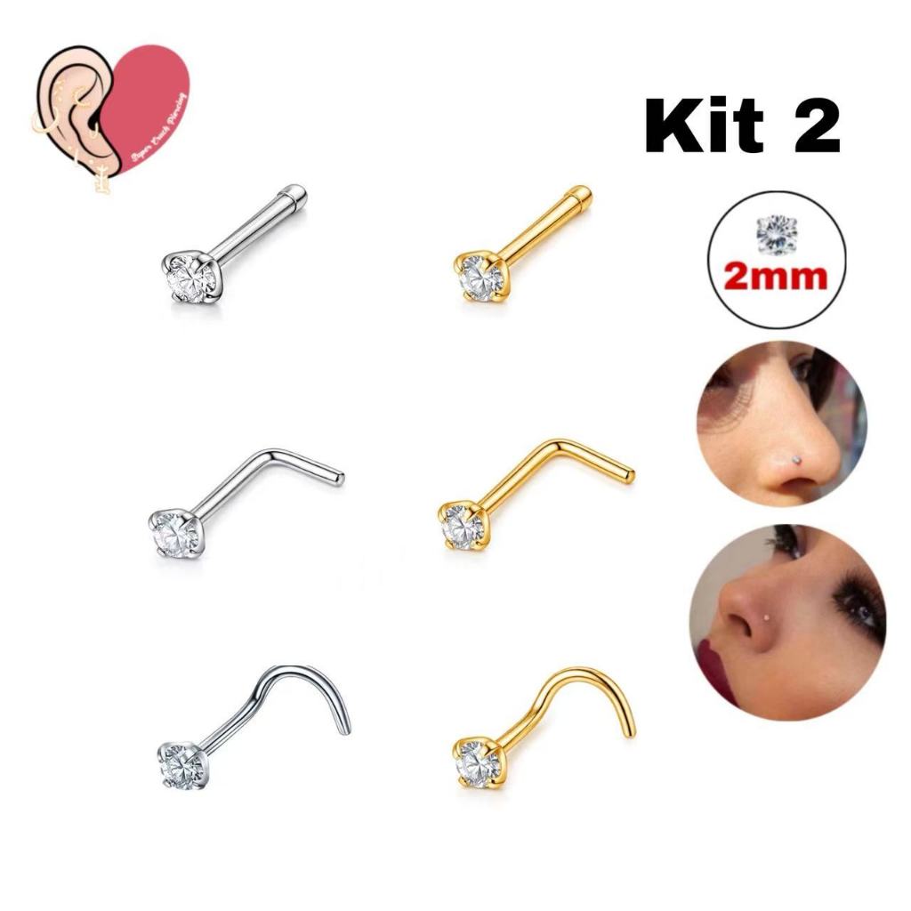 Kit 2 Piercing Nostril Pontinho Luz Aço Cirúrgico Piercing de Nariz Dourado| Nostril KA601