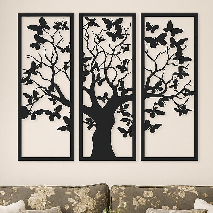Quadro Decorativo Vazado Arvore da Vida Borboletas Trio de Painel Decoração Casa MDF 3mm Preto Fosco