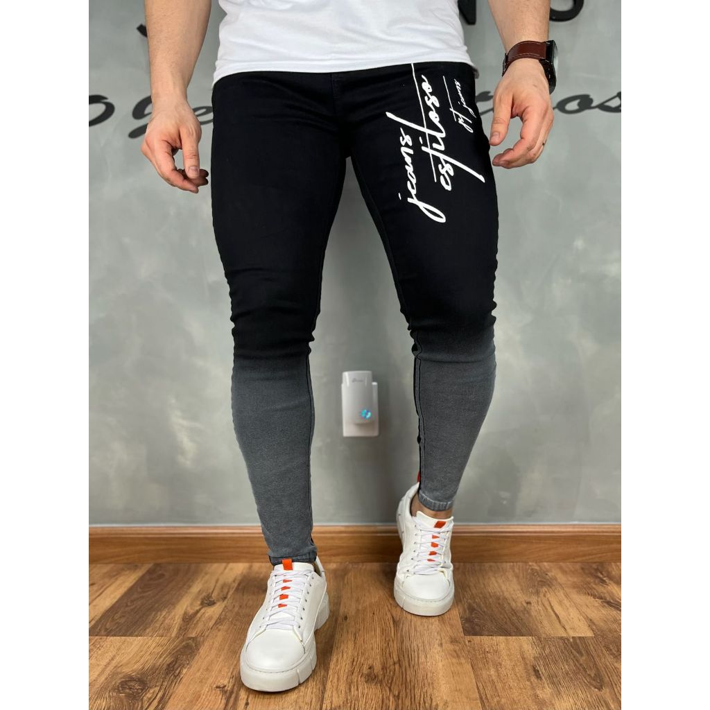 Calça Preta Jeans Degradê com Branco Tecido Premium
