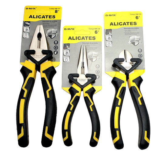 Kit Jogo 3 Alicates Universal Bico Meia Cana Corte Diagonal Emborrachado Aço Carbono Temperado