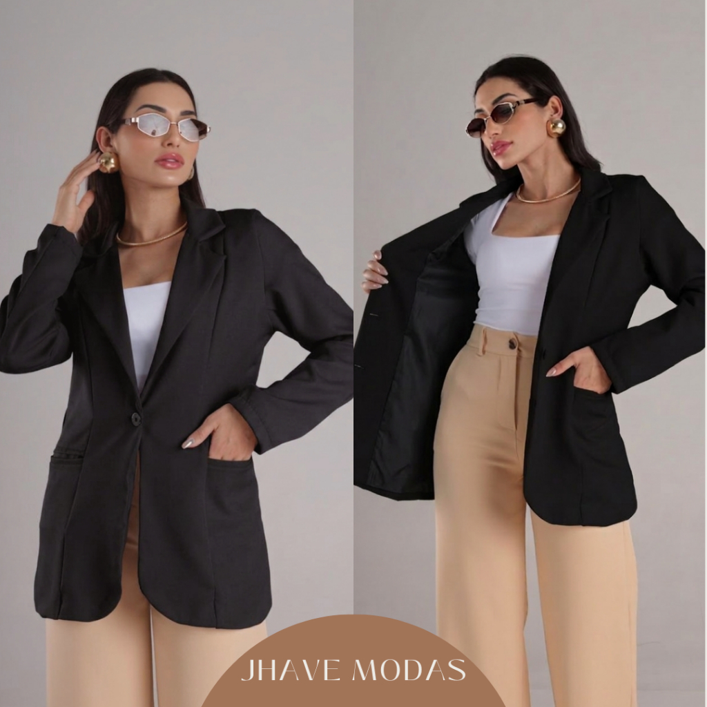 Blazer Max Feminino de Alfaiataria Longo Elegante com Forro nas Costas e Bolsos Funcionais
