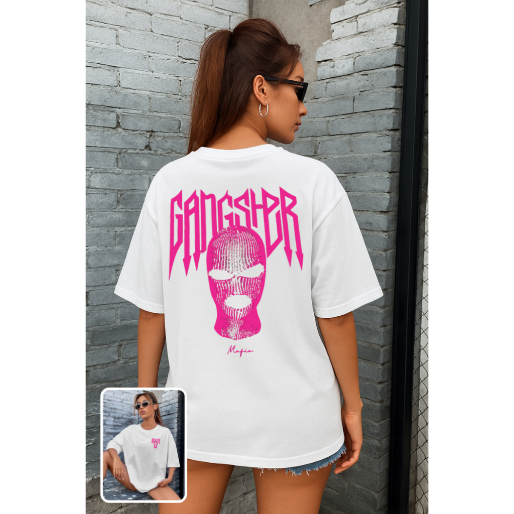 Camiseta Feminina Streetwear 100% Algodão Estampada Gangster Rosa Nas Costas Camisa Unissex Premium PROMOÇÃO