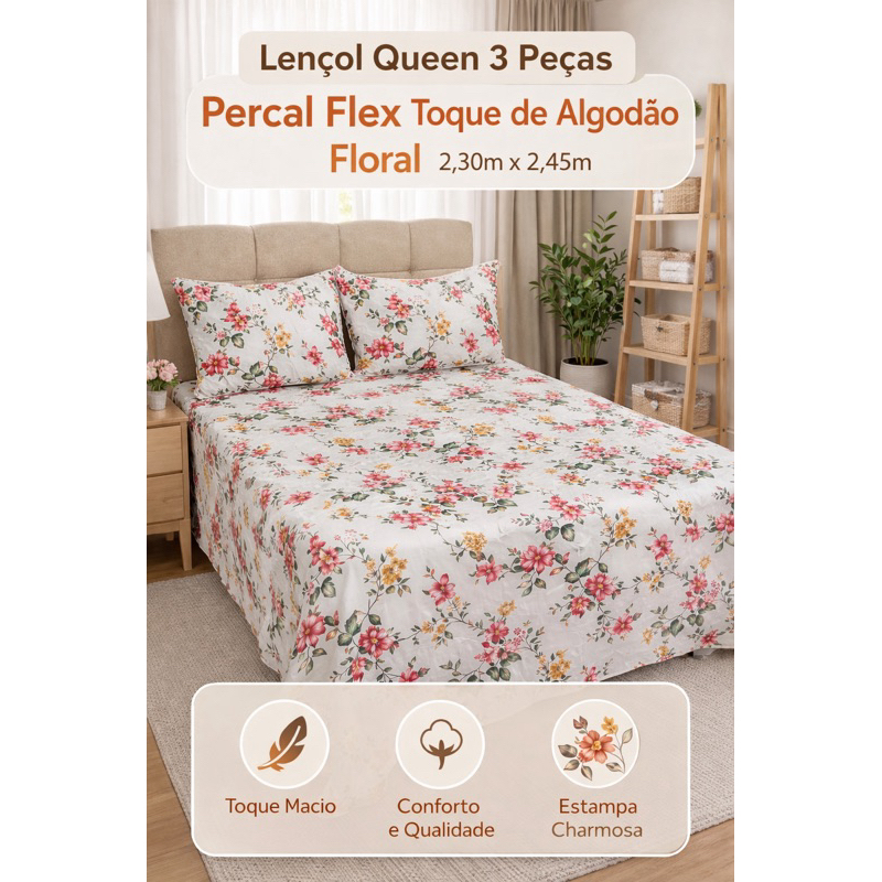 Jogo de Cama Queen Percal Flex - Toque de Algodão - 3 Peças – Conforto Premium