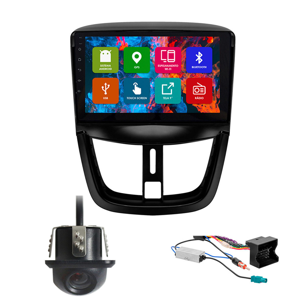 Kit Multimídia 9 Pol Peugeot 207 06 A 11 12 Android 2Gb Ram 32Gb Flash Quad-Core 2 Din Preto Wifi Gps Ips Camera Ré