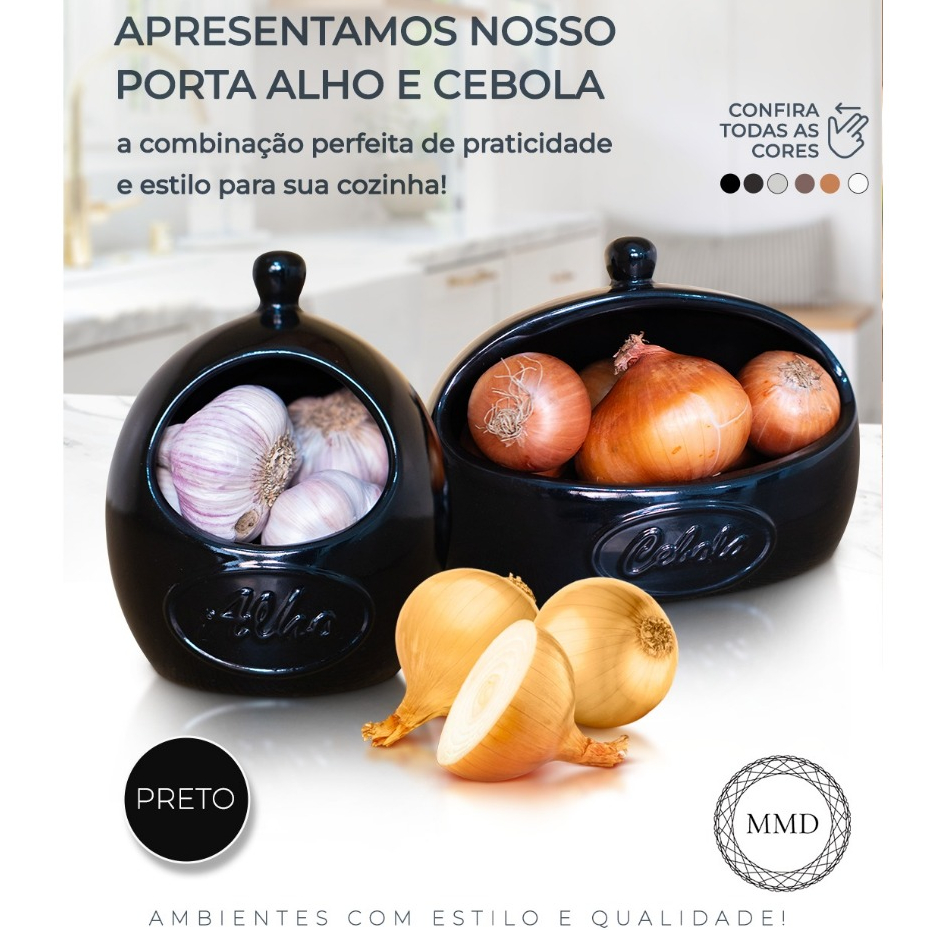 *LANÇAMENTO* Kit Condimentos Cebola Alho Feito em Cerâmica Cozinha Armazenamento Preto Brilho