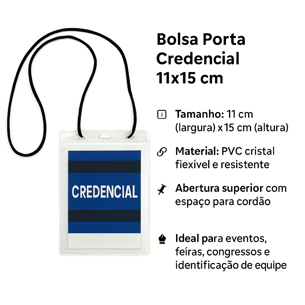 Kit Bolsas Porta Credencial em PVC Transparente 110X150mm + Cordão Nylon PP - Pronta Entrega!