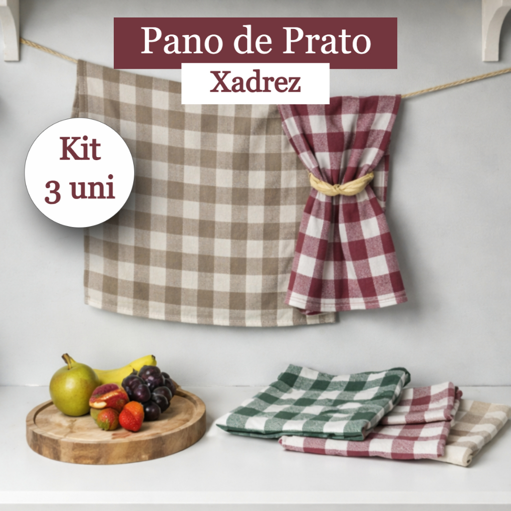 Kit 3 Panos de Prato Copa Xadrez Maquinetado 45x71 cm 100% Algodão