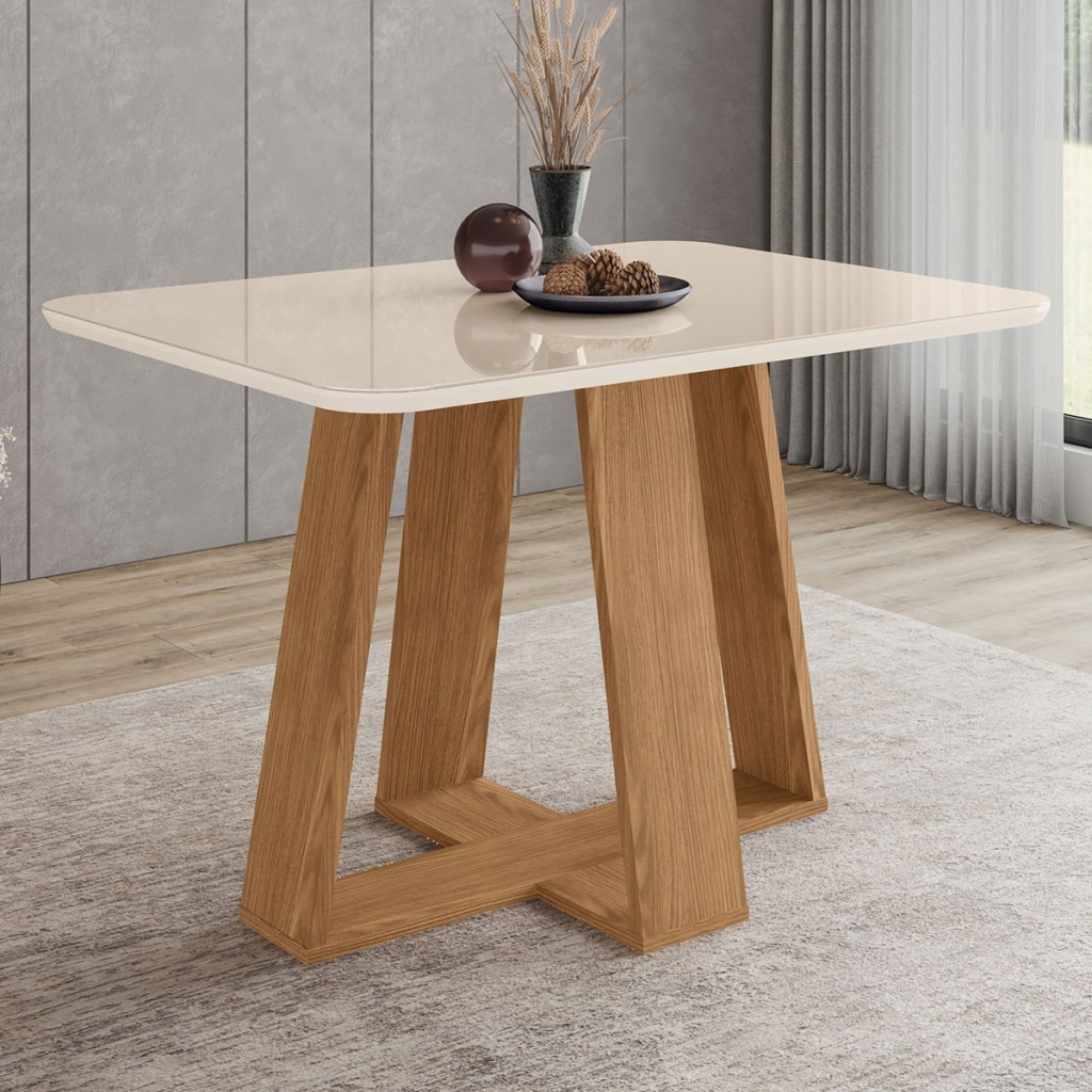 Mesa de Madeira Lins com Vidro Canto Arredondado Nature/Off White - Henn