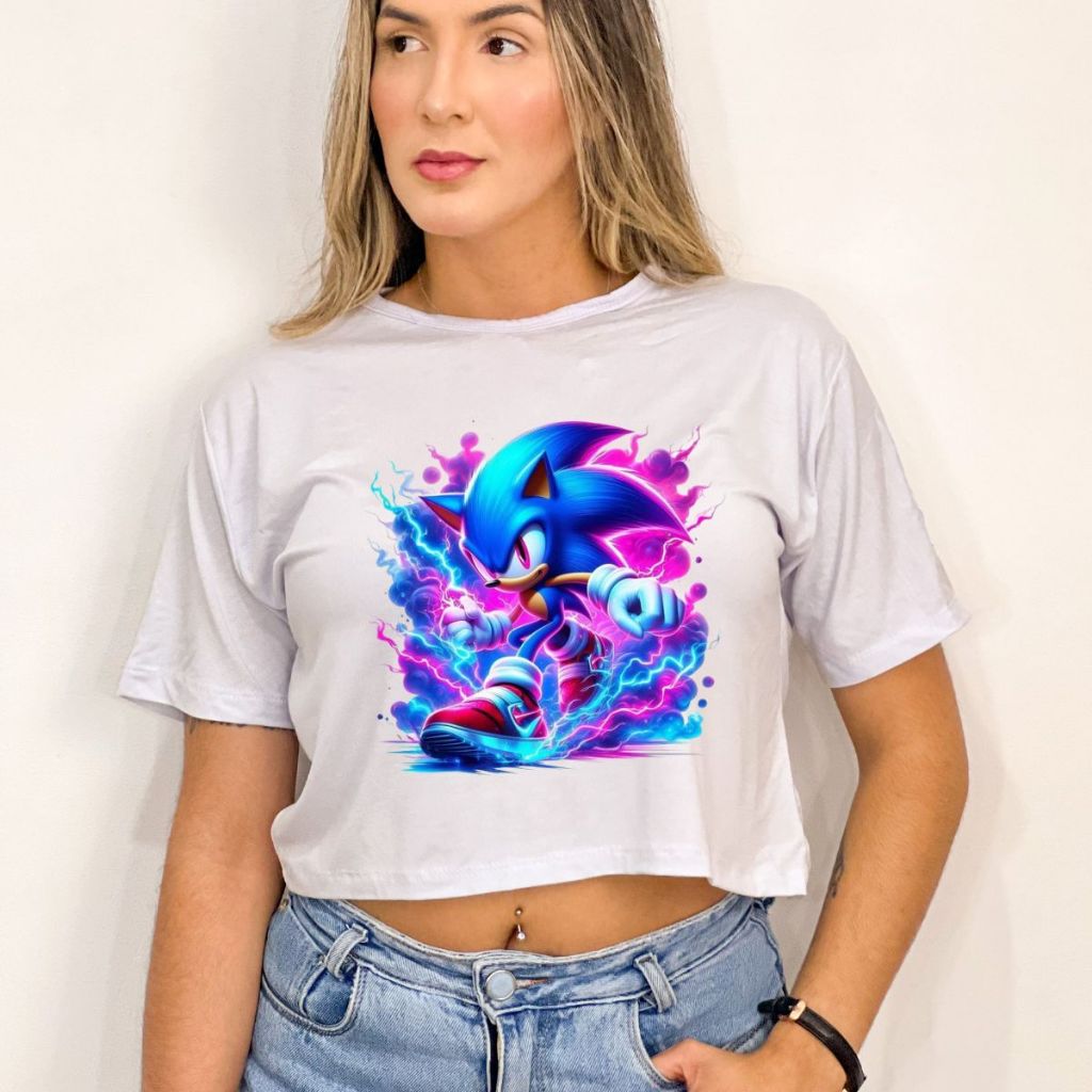 Cropped feminino estampa Sonic camiseta t-shirt