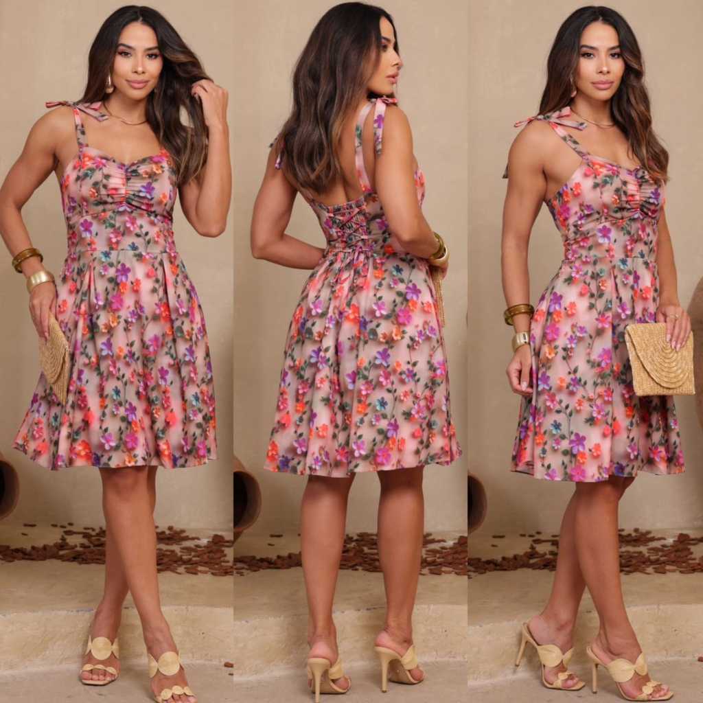 Vestido Curto feminino  elegante – Floral em Crepinho