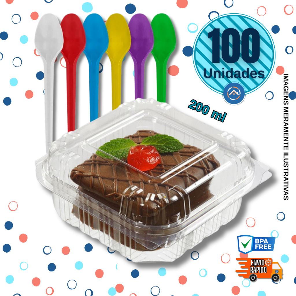 Embalagem para Bolo, Doces e Sobremesas - Doce Quadrado (NP641) + Colher Colorida Mista com 100 Unidades 200ml