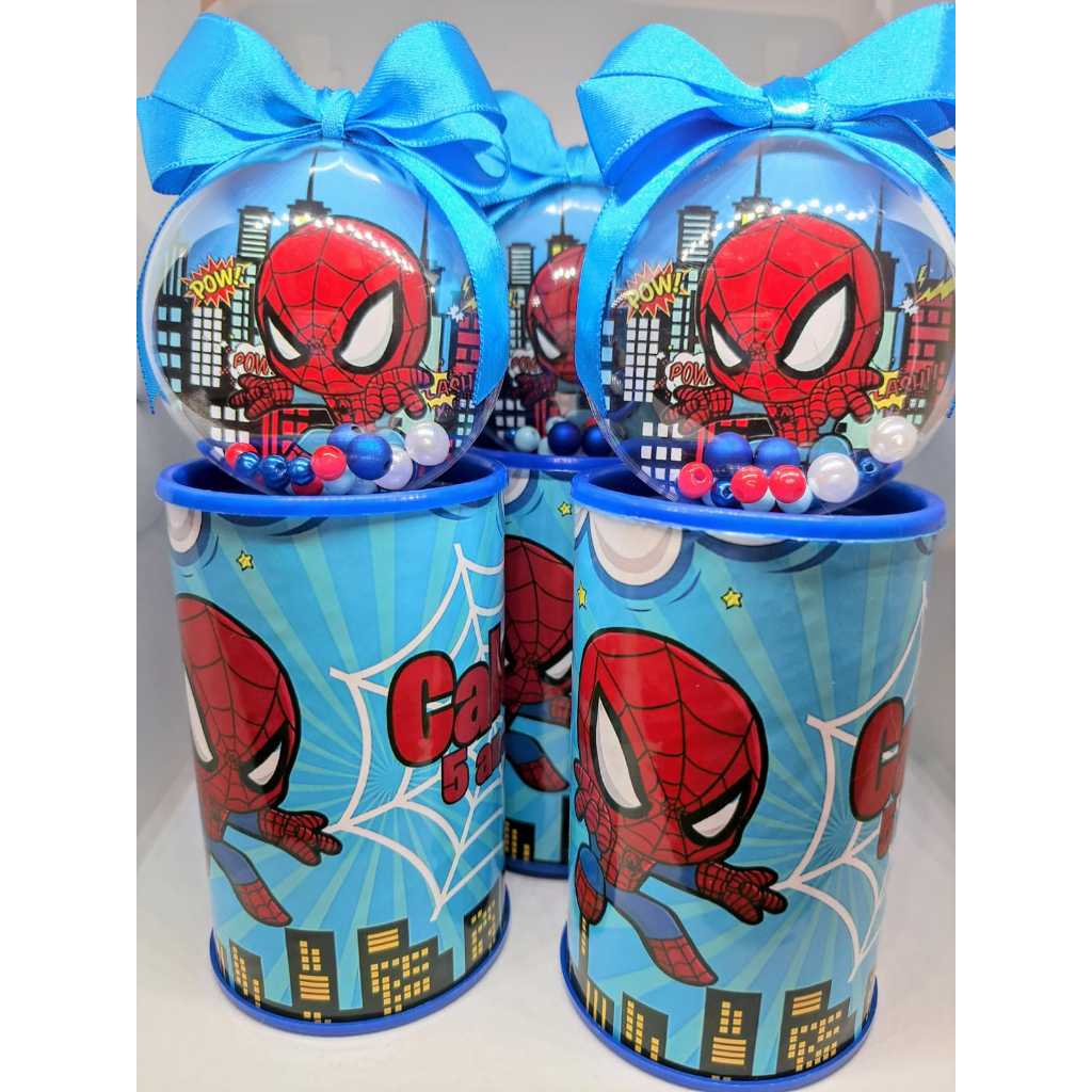 Cofrinho Personalizado Homem Aranha + Esfera com Tag + Laço. Lembrancinha de Festa
