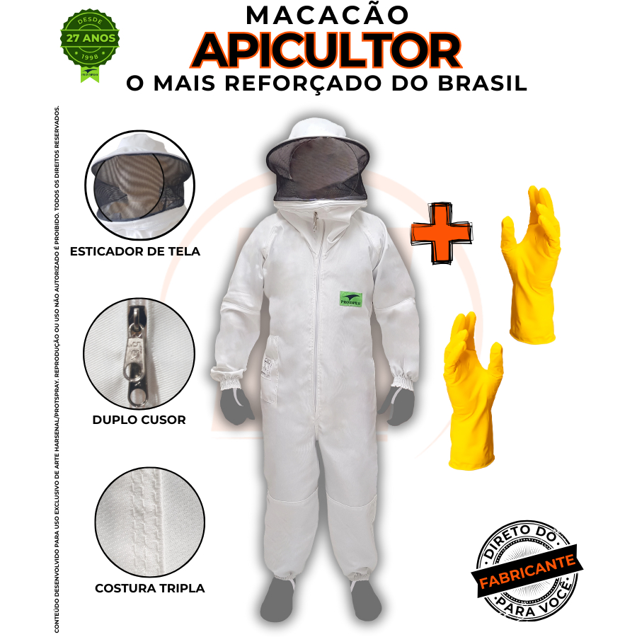 Macacão Apicultor Protspray + Par Luva Apicultura Proteção Vestimenta Mel Abelha Anti Ferroada Plus