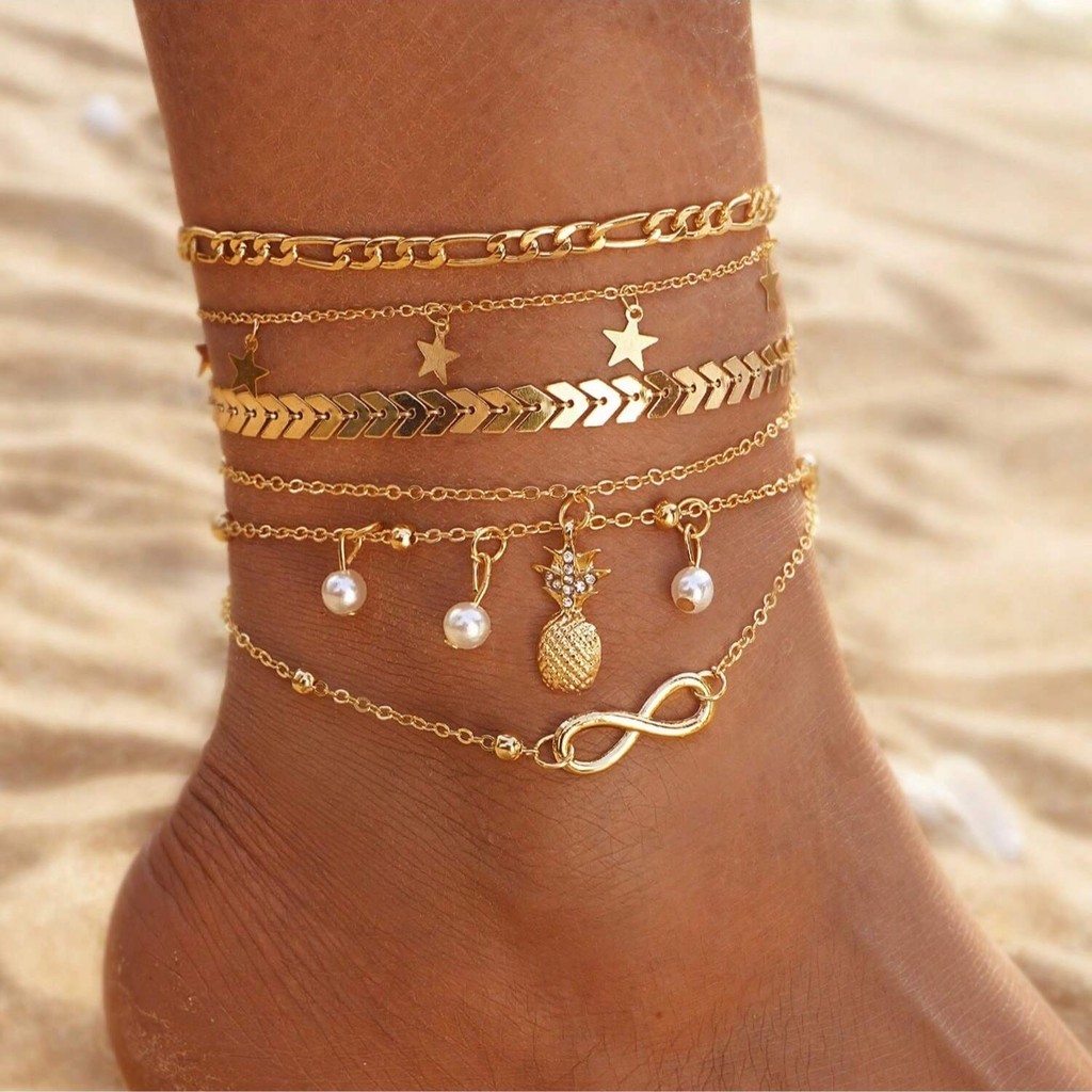Conjunto de 5 chaveiros e pulseiras, tornozeleira feminina ajustável em formato de coração e estrela, em metal dourado
