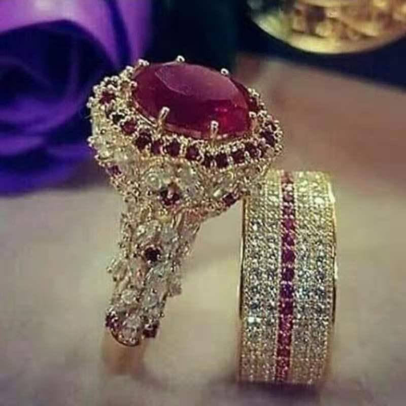 2 pçs/Set Clássico Luxo Moda 18K Ouro Natural Verde Esmeralda Diamante Nobre Noivado Casamento Eternidade Anel