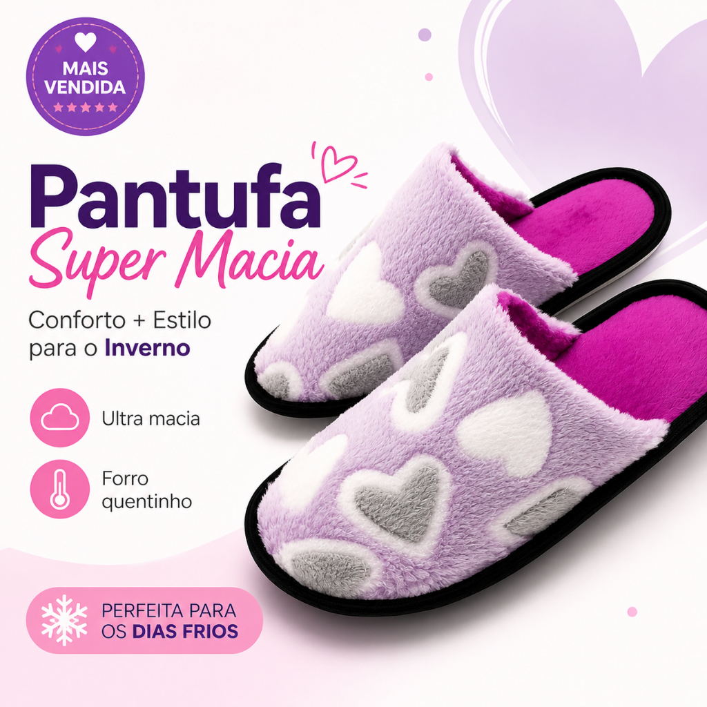 Pantufa Feminina Coração Lilás Inverno Super Macia e Quentinha Antiderrapante Confortável Pelúcia