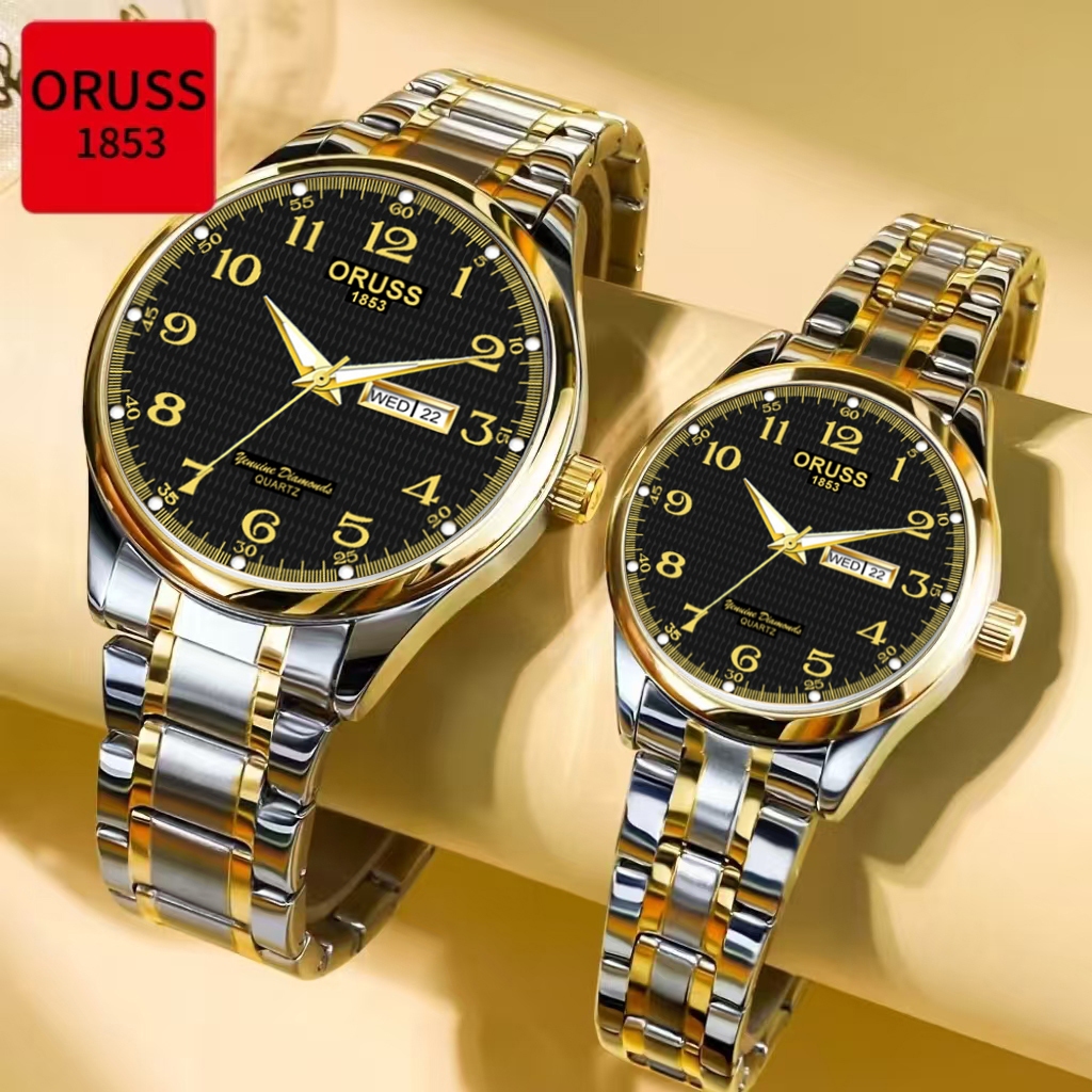 ORUSS Original 2 Pcs Casal Calendário Duplo Aço Inoxidável Luxo Luminoso À Prova D Água Moda Relógio Versão Coreana Rel