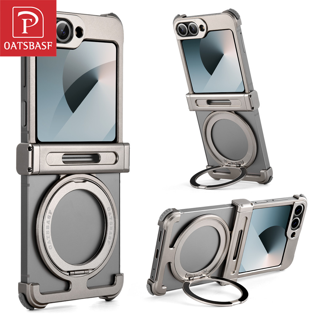 OATSBASF Capinha Capa para Galaxy Z Flip 6 com Suporte Giratório 360° Metal Sem Moldura e Proteção Total