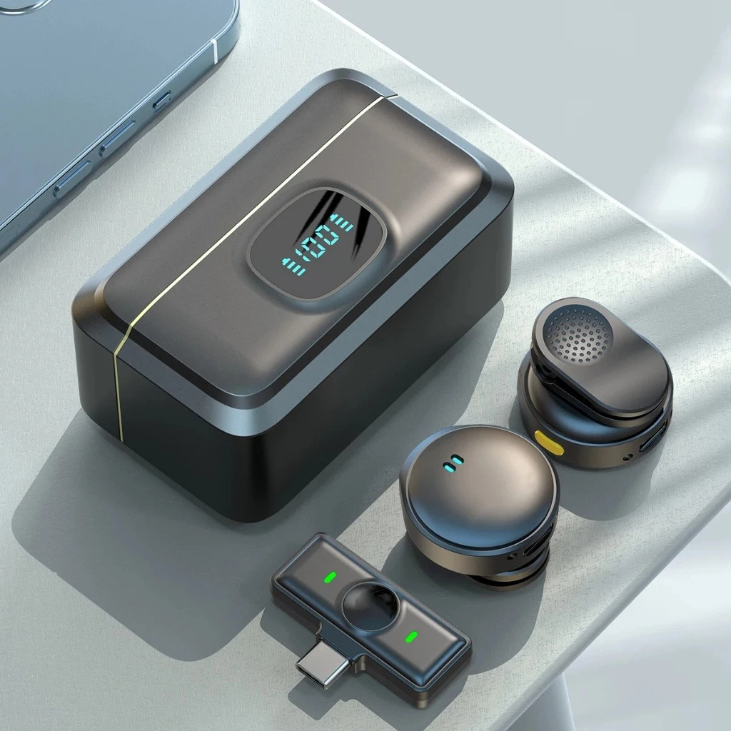 Microfone Lapela Redondo Imã Sem Fio Tipo C Preto Anti Ruído Duplo Mymotors Para Android E IOS