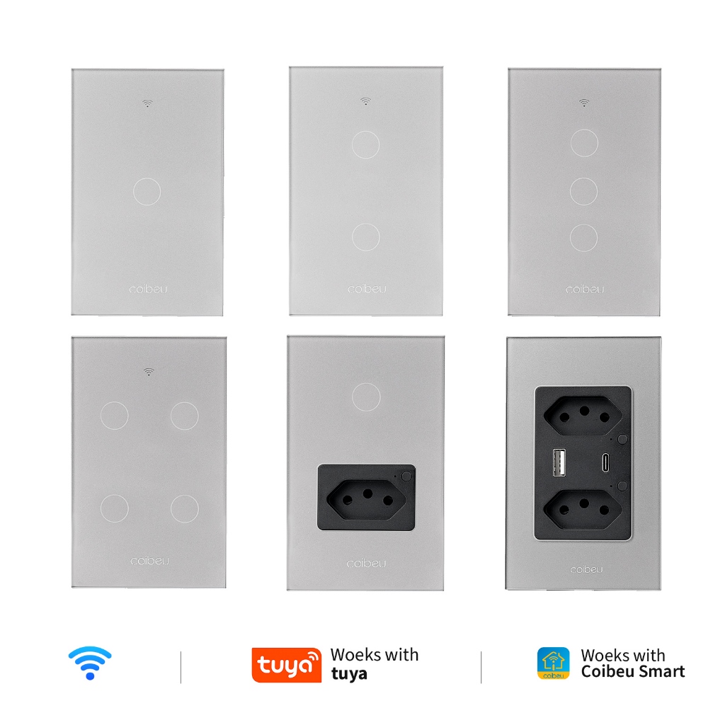 COIBEU Interruptor cinza WiFi Inteligente Teclas Touch tuya APP Smart Life Painel Alexa Google Home