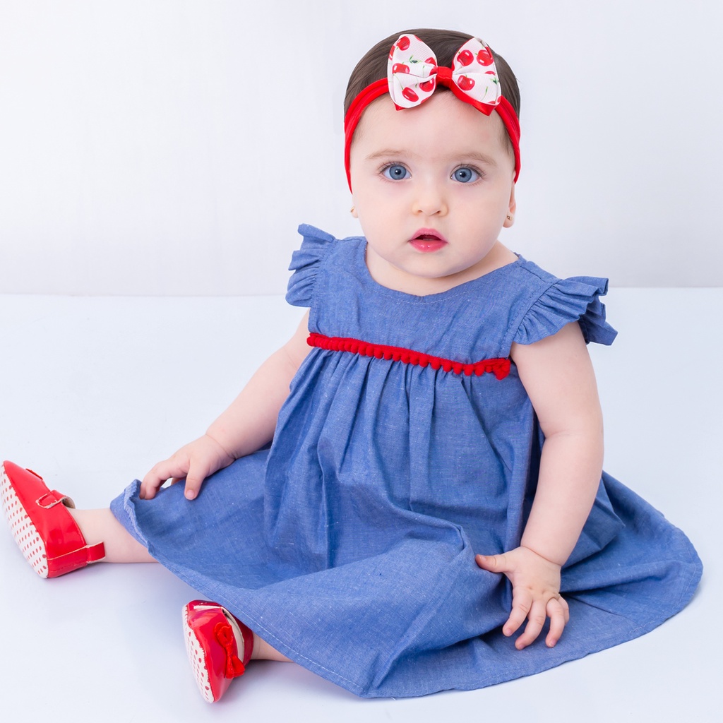 Vestido Bebe ao Infantil Jeans Manga Curta 100% Algodão Mundo Nina