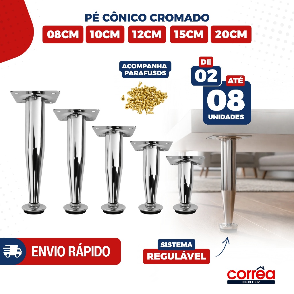 Pé para Móveis Cônico Cromado 8cm a 20cm – Regulável – 2 4 6 ou 8 Unidades