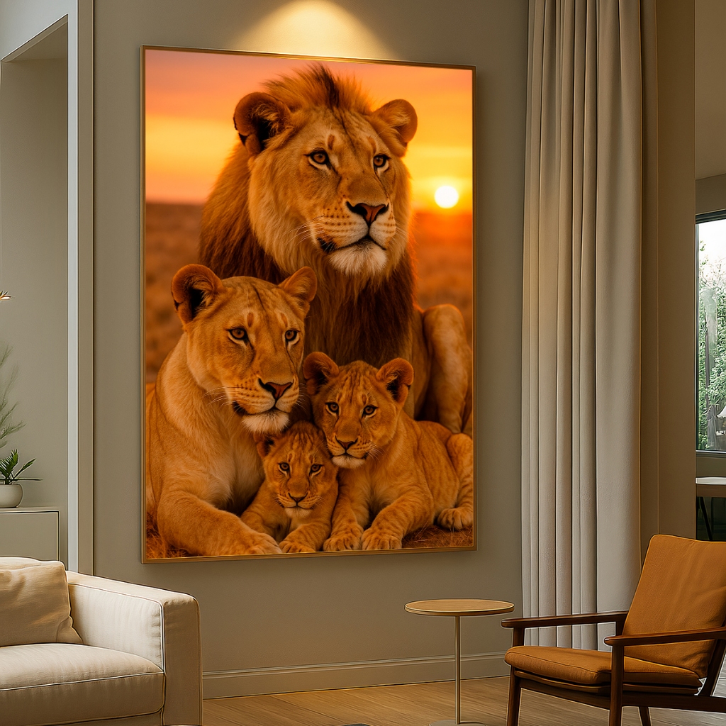 Quadro Decorativo GRANDE Alta Resolução  Escritório Quadro Familia de Leão Por do Sol 2 Filhotes