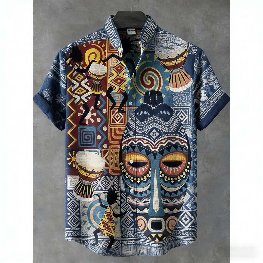 Camisa Social Masculina Máscara Africana Estampa Casual Top Streetwear Respirável Confortável