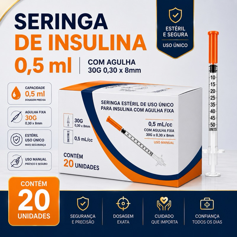 Seringa de Insulina 0,5ml Agulha Fixa 30G 0,30x8mm Estéril C/20 Unidades