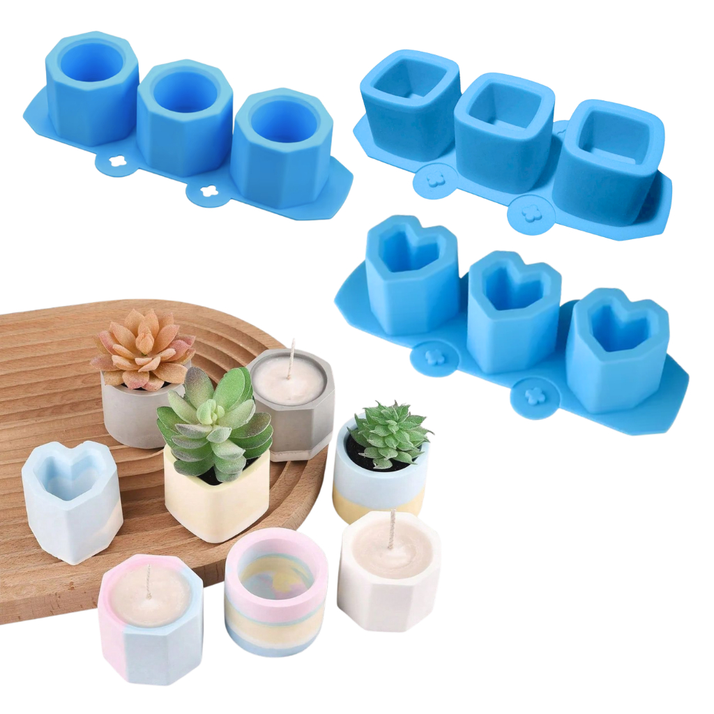 Molde de Silicone para Vaso de Cimento Gesso Velas Resina Forma Coração Octogonal Quadrado