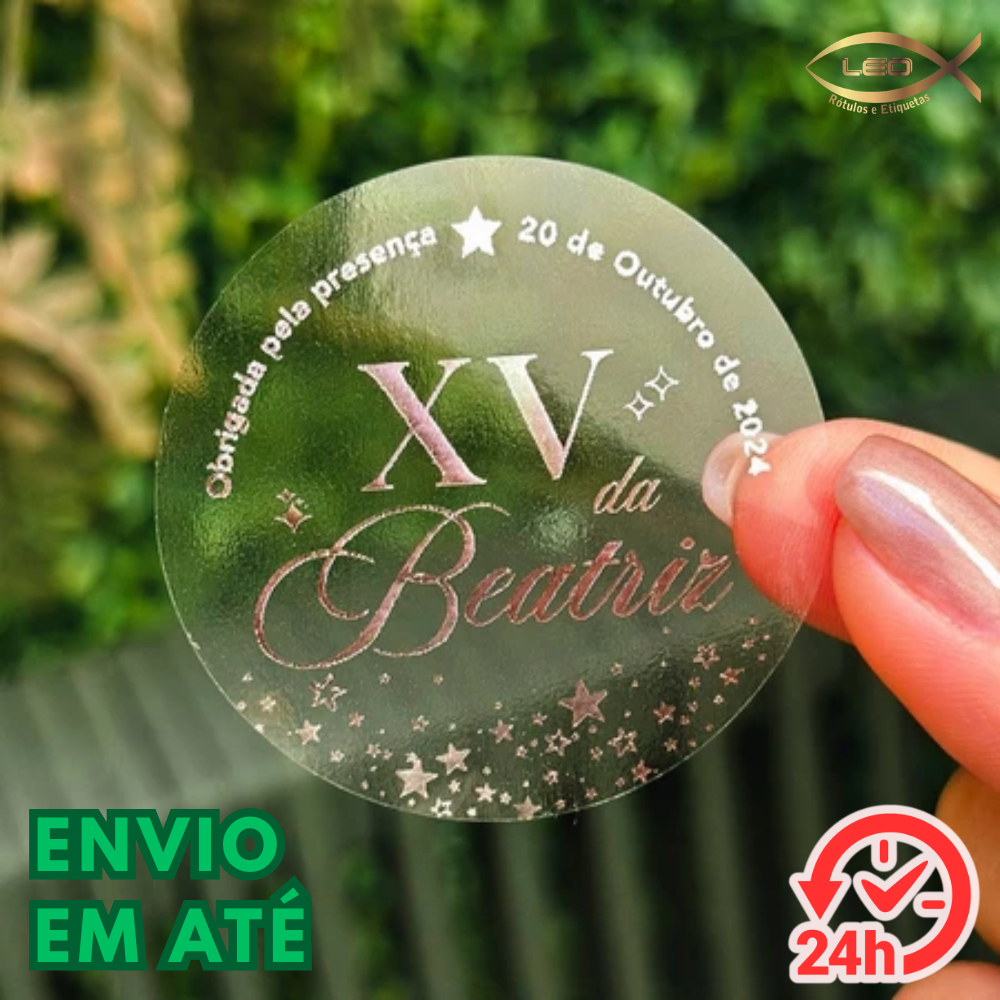 Adesivo Lembrancinha 15 anos 5x5cm Transparente Prata Nome + XV Etiqueta Adesiva Aniversário de 15