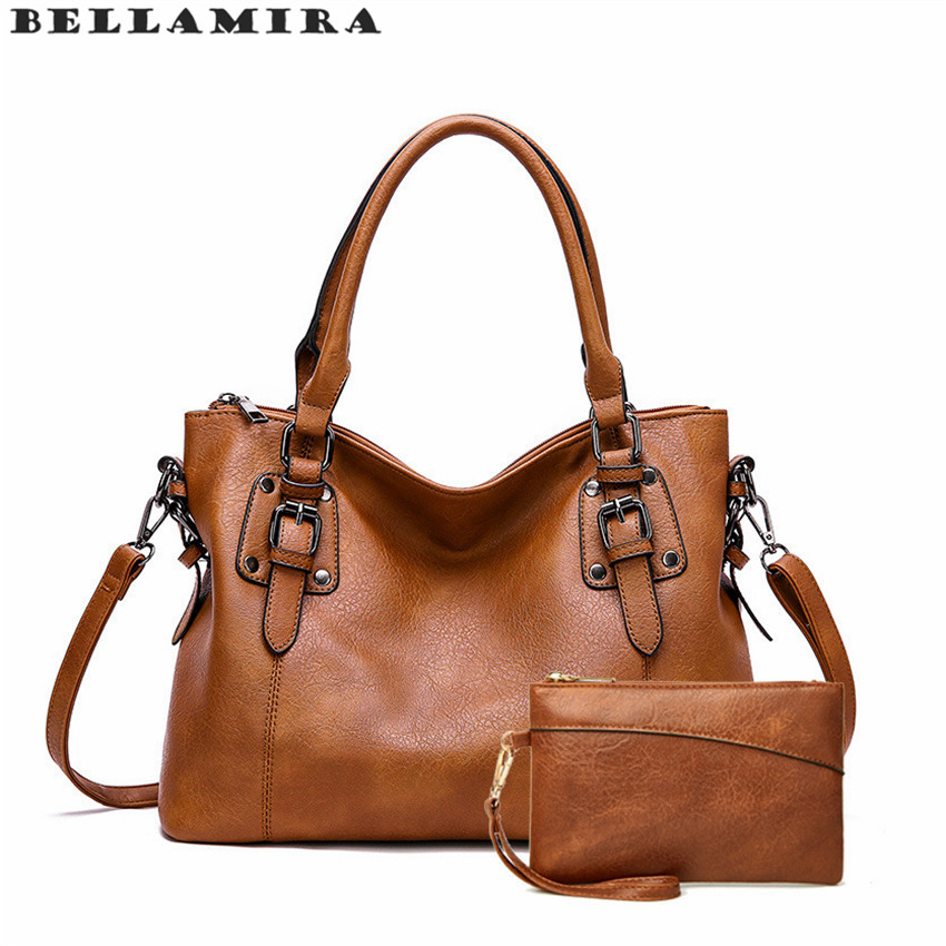 Bolsa Feminina Satchel Pasta Tote De Couro PU Ombro + Carteira Bolsa Grande Capacidade De Ombro E Transversa