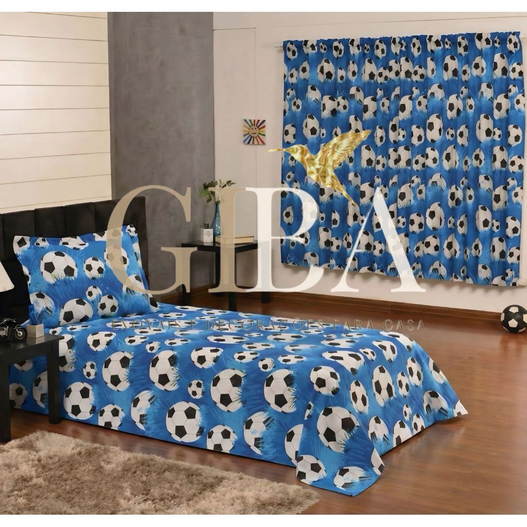 Kit Cobre Leito Solteiro + Cortina Futebol Azul Bola Estampada Jogo de Cama Infantil Menino e Menina Decoração Quarto.