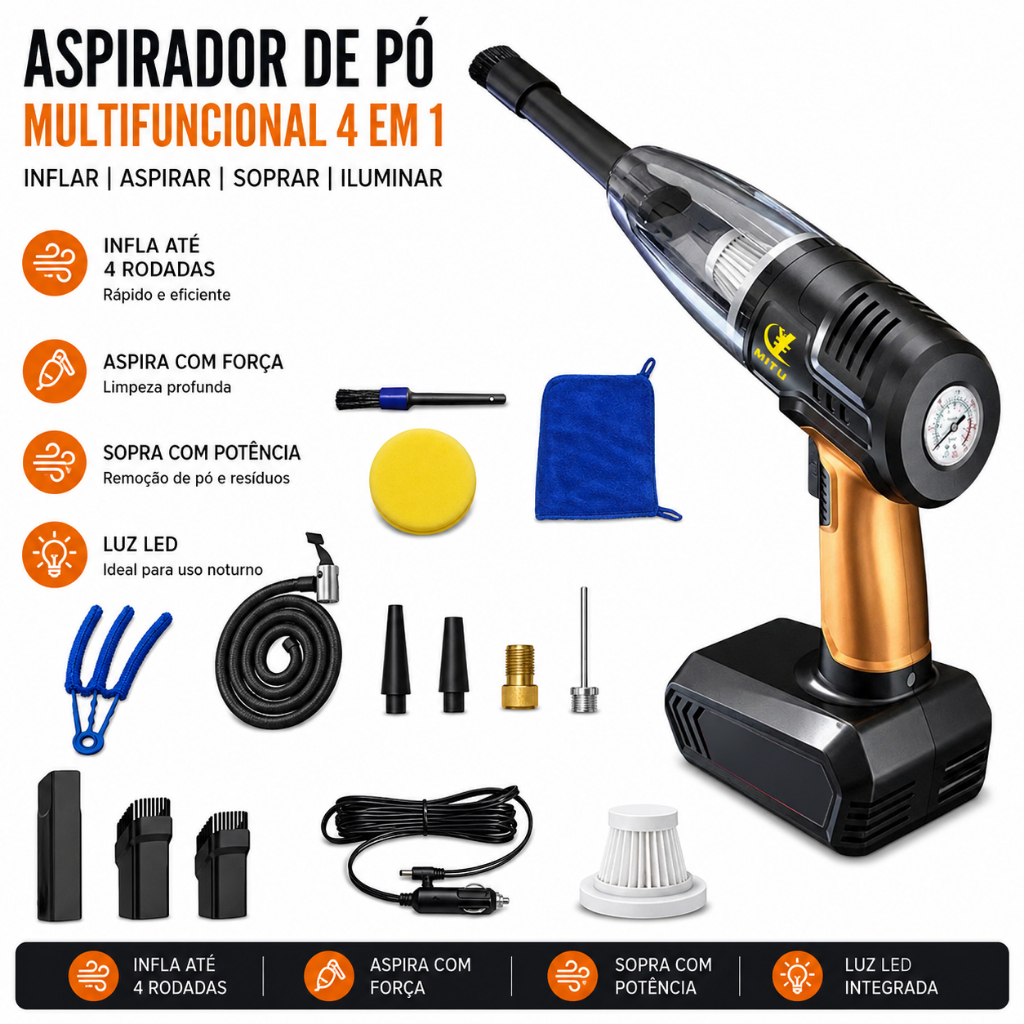 Compressor de ar multifuncional de 12V e aspirador de pó portátil Com Fio Para Carros