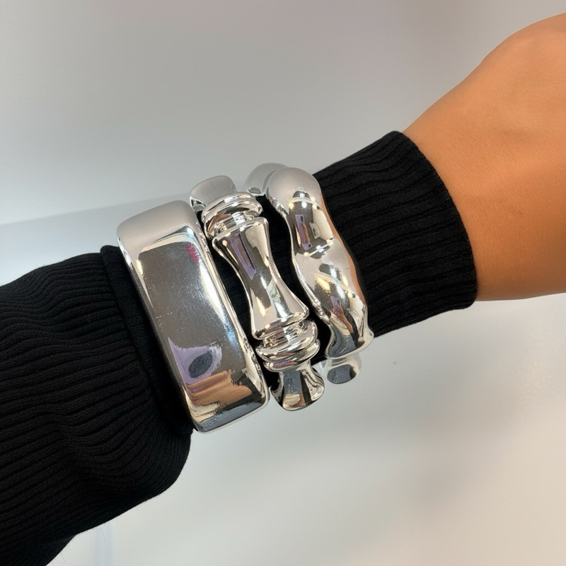 Conjunto 3 Braceletes e 1 Bracelete Prata Feminino Ajustável | Pulseira Acessórios