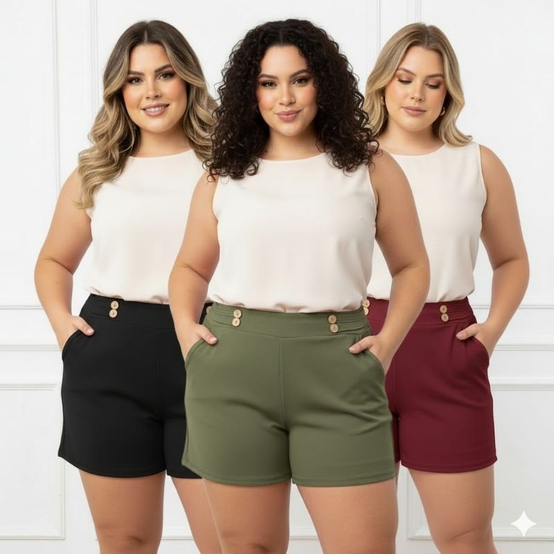 Short feminino plus size malha crepe G1 G2 G3 TEM BOTÃO
