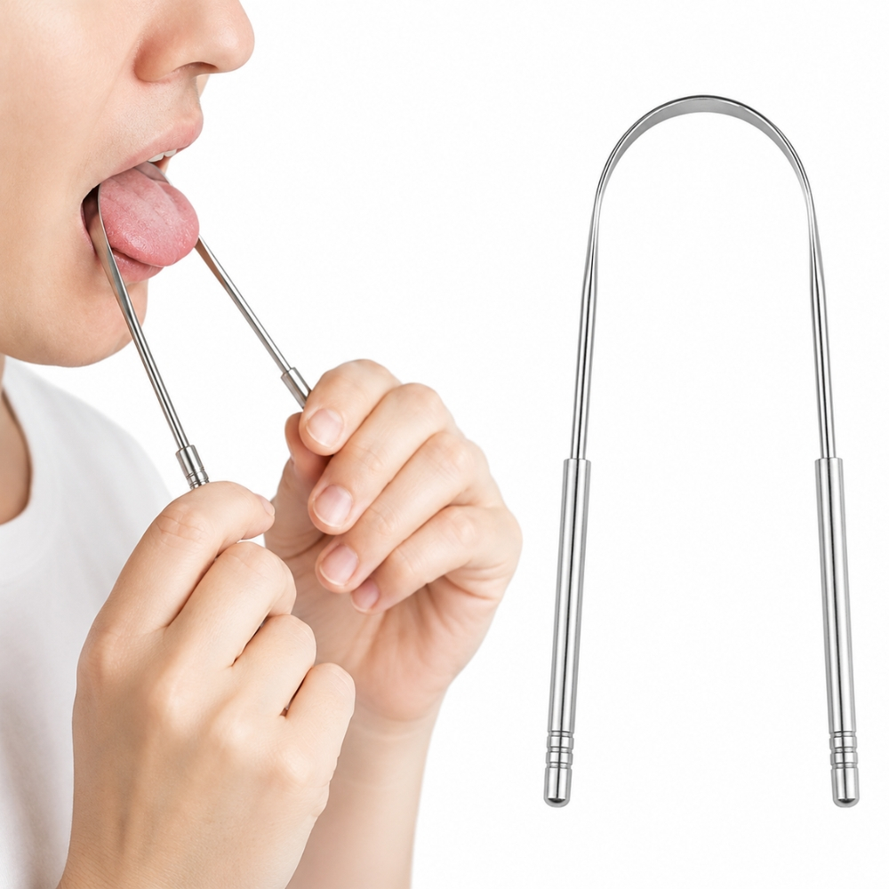 Limpador de Língua Aço Inoxidável Higiene Bucal Remove Bactérias Mau Hálito Raspador