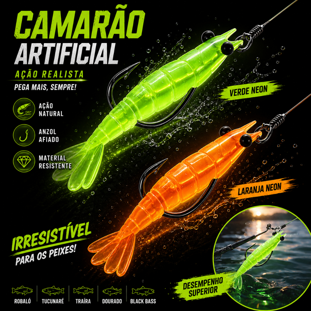 Kit 5 Unidades Camarão Artificial Glow 4,5cm Isca Silicone Articulada Neon Pesca Noturna Brilha No Escuro