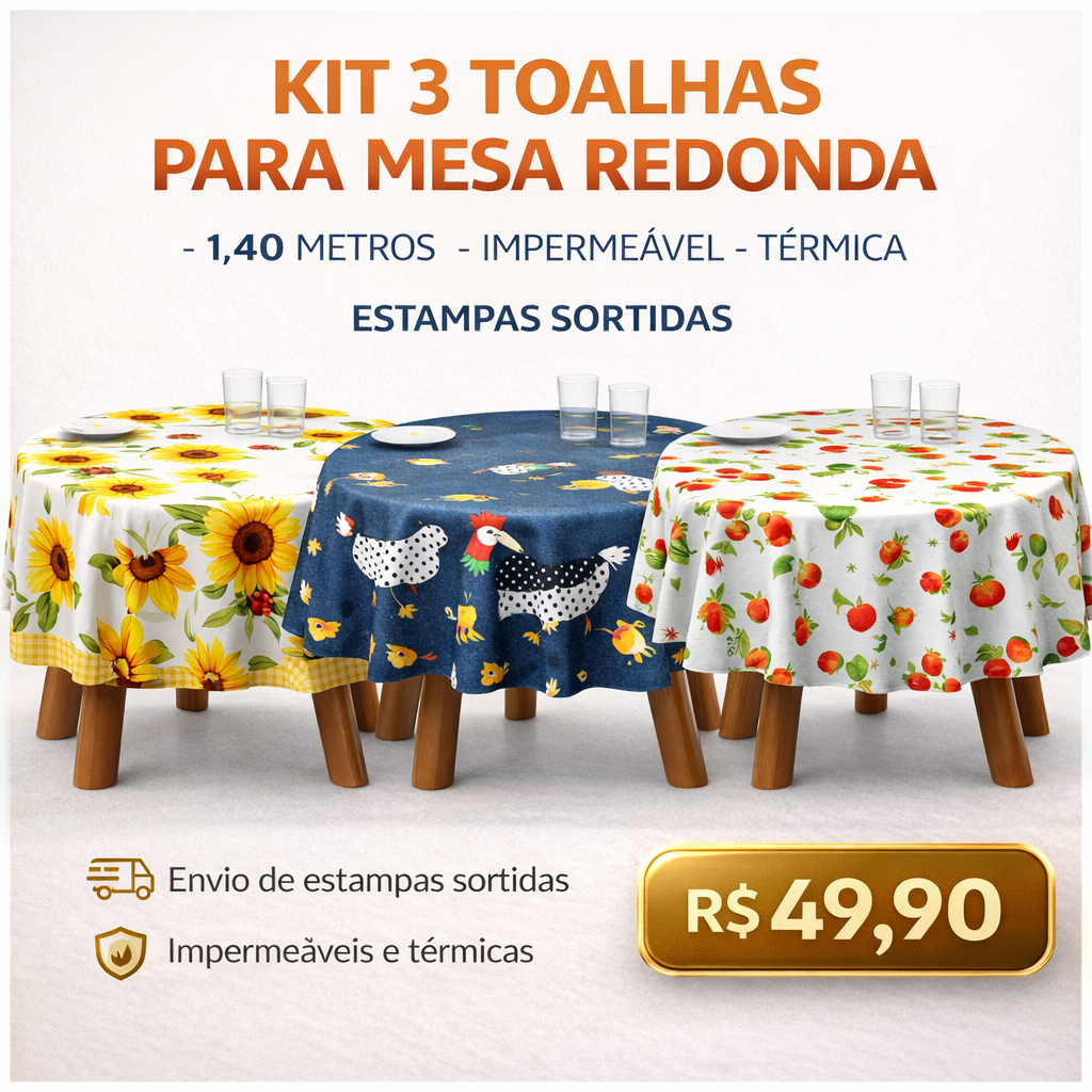 Kit 3 Toalhas de Mesa Redonda Impermeável PVC Térmica