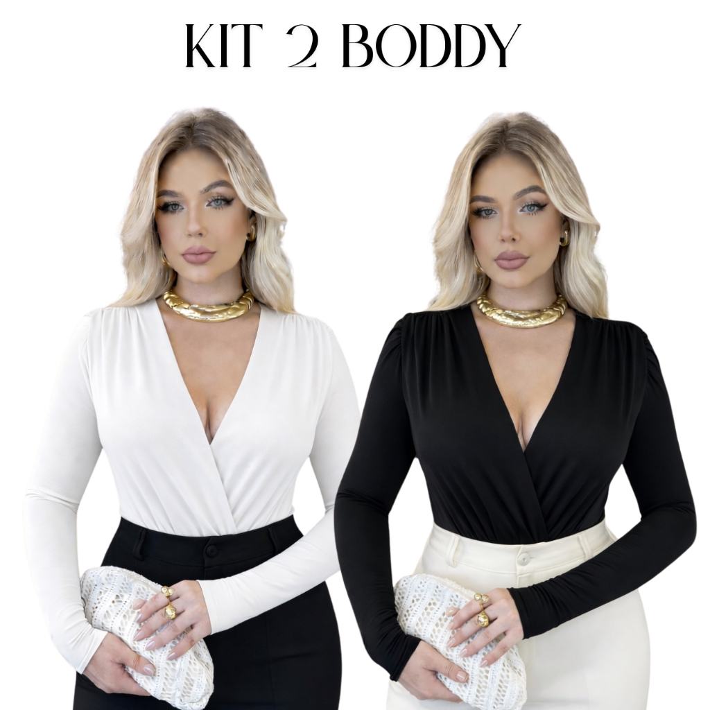 Kit 2 Body Feminino Manga Longa Decote V Suplex Elegante Básico Moda Feminina