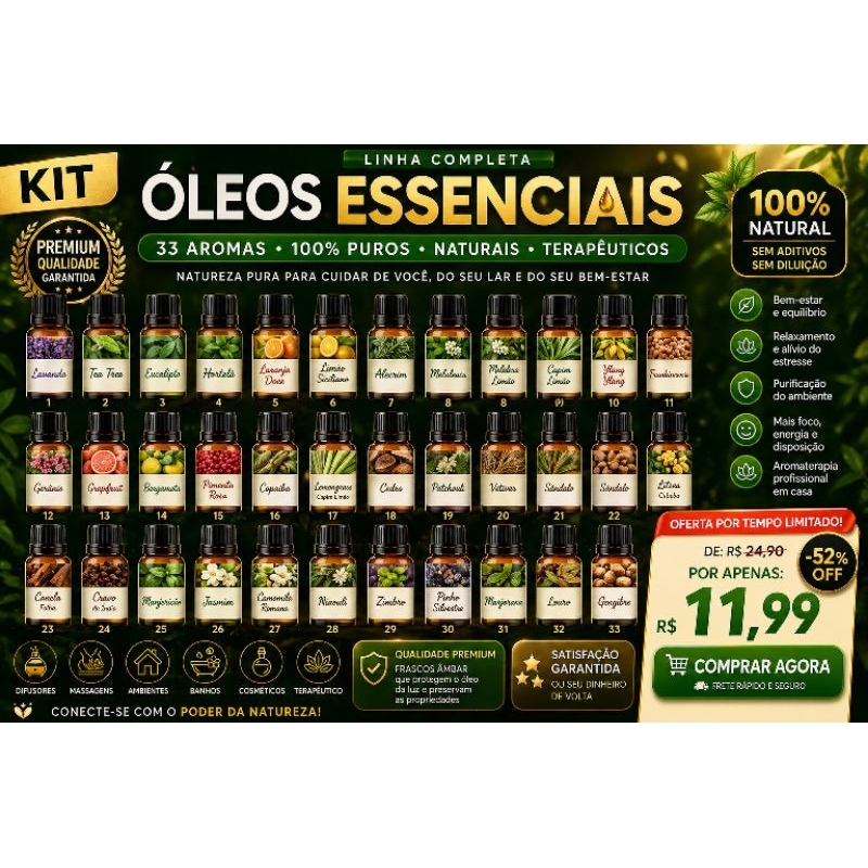 Óleos Essenciais 20ml Linha Completa | Monte Seu Kit | Lavanda Melaleuca Hortelã Alecrim e Mais