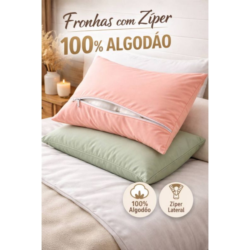 Kit 2 Fronhas Capa Travesseiro Percal 100%Algodão 200 Fios Zíper Invisível Tamanho 70x50 Cm Toque Macio e Confortável