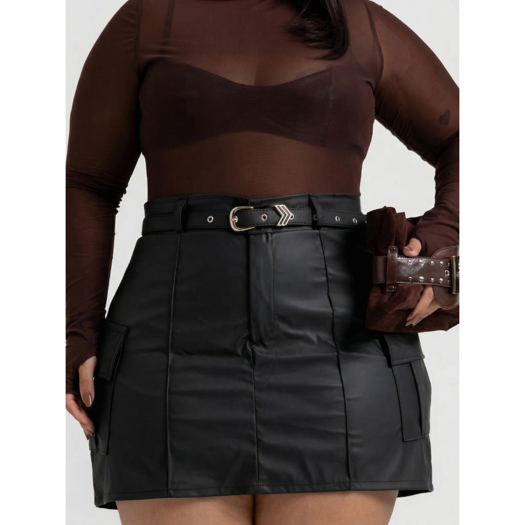 Short Saia Feminino Plus Size Cargo Couro Ecológico Cintura Alta Ajustável