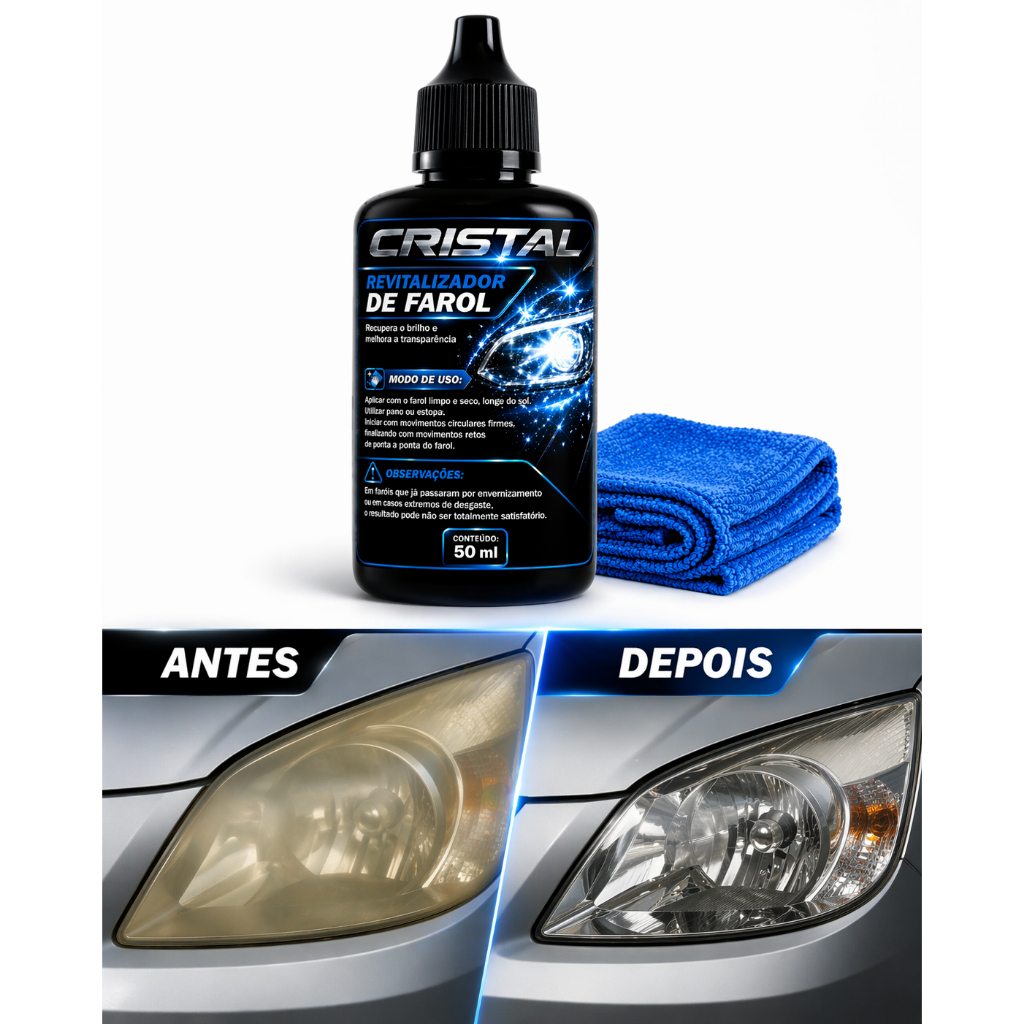 Revitalizador De Farol Cristal Tira Amarelado Fosco Brilho Novo 50ml + Pano Microfibra Promoção