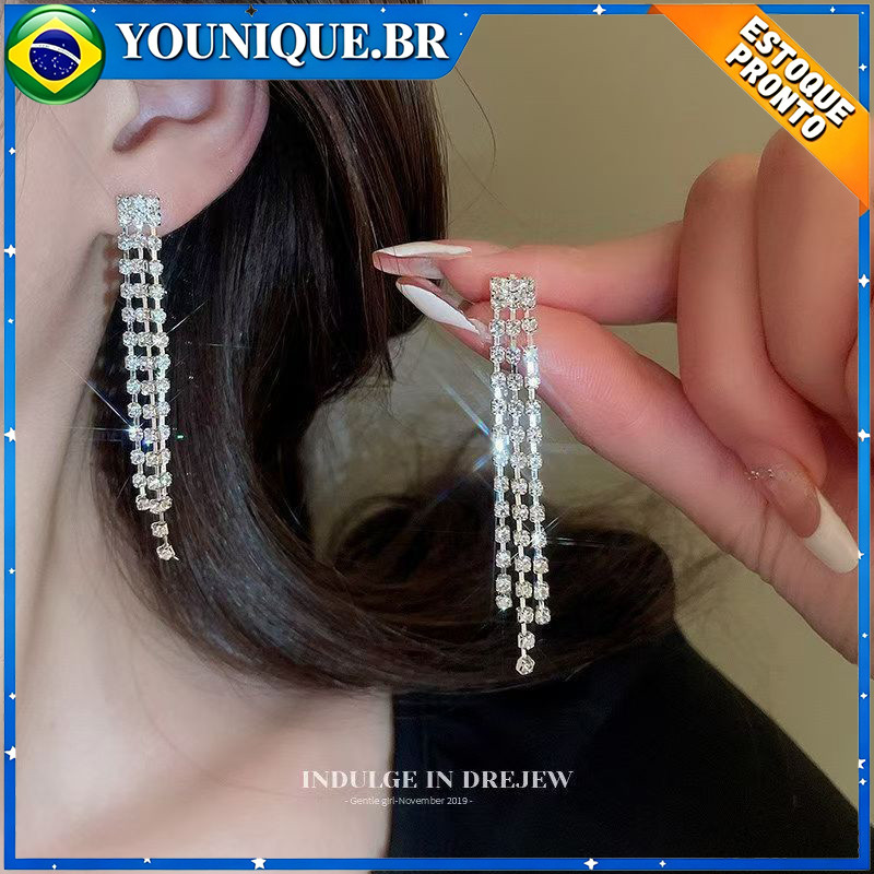 Brincos femininos com pingente de diamantes Joias modernas e luxuosas adornadas com detalhes em prata