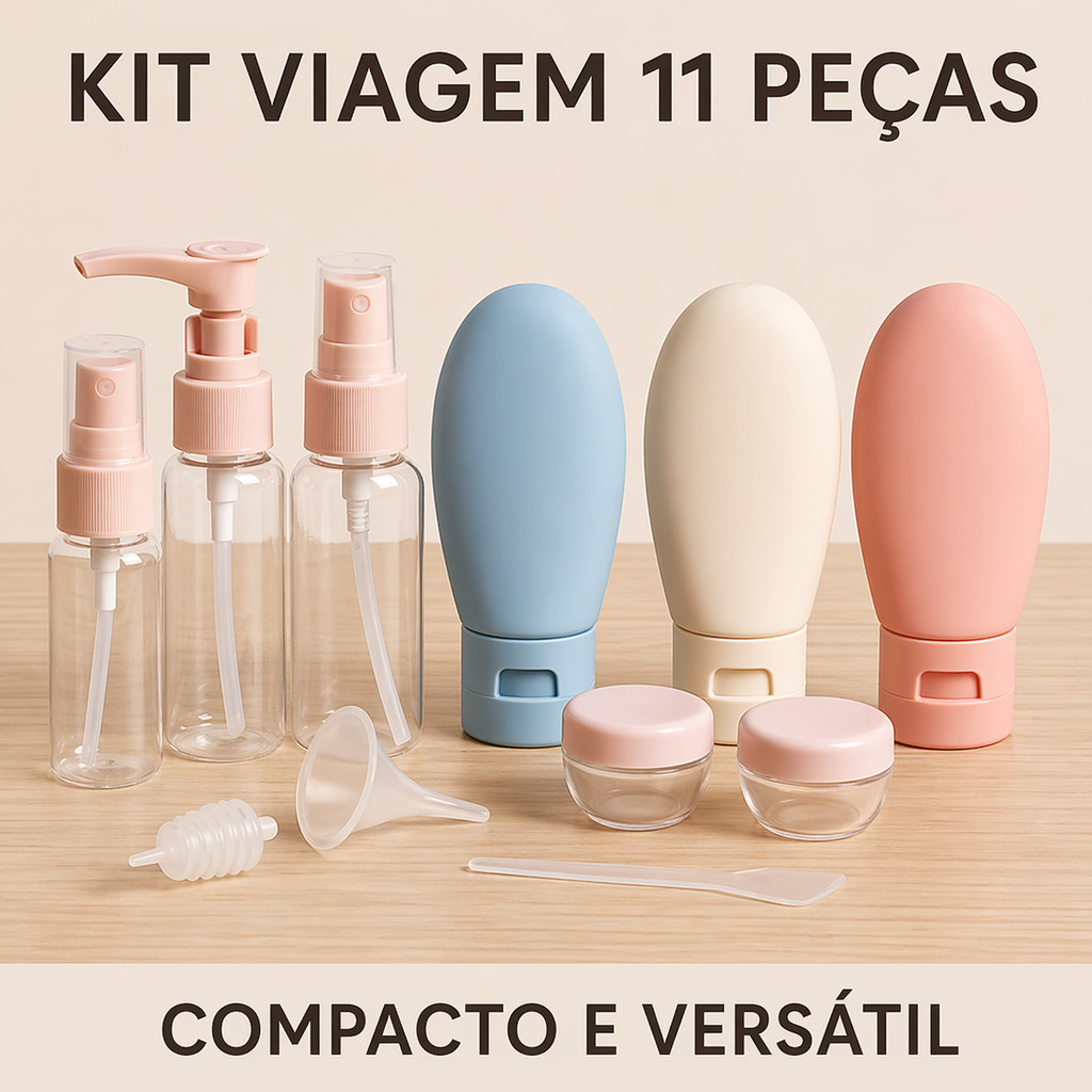 Kit Frascos de Viagem 11 Peça Silicone Portátil Necessaire Avião Shampoo Creme Cosméticos